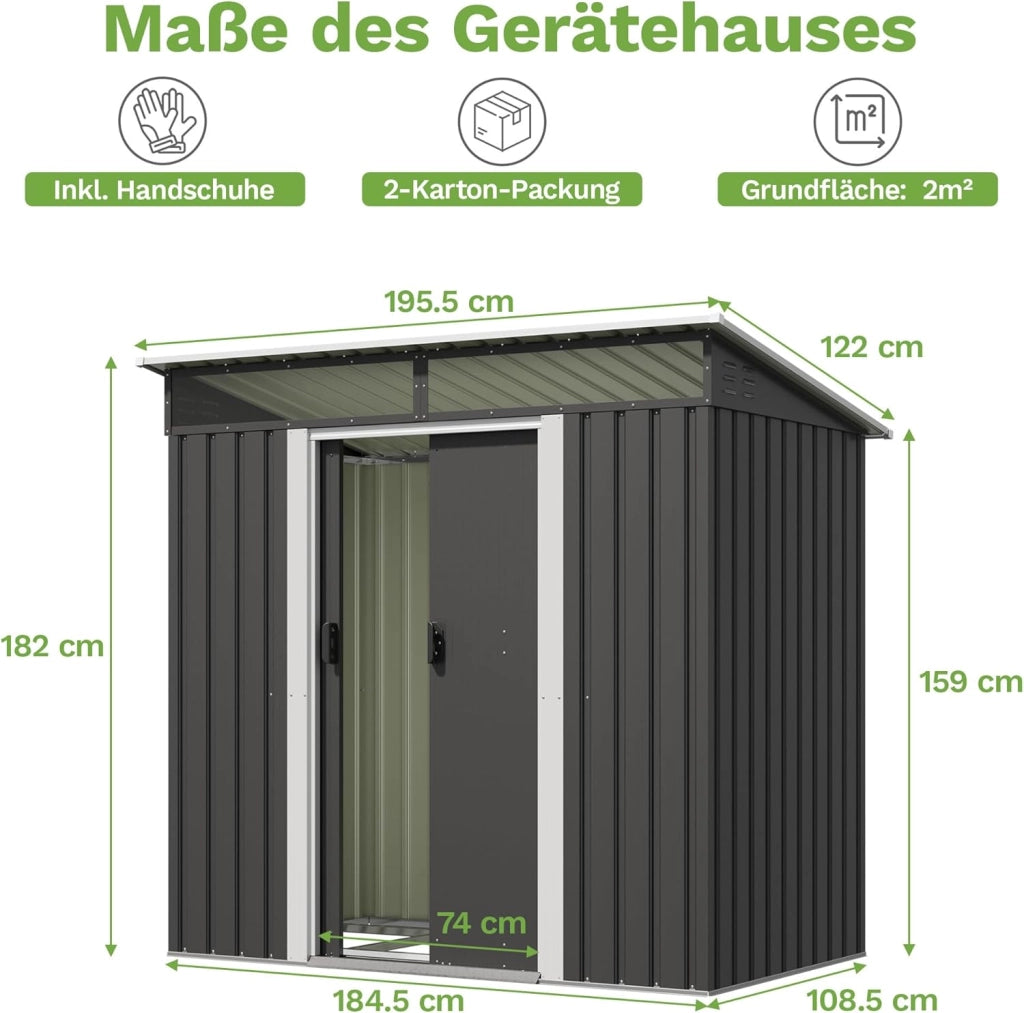 Capanno per attrezzi in metallo, 183 x 109 x 182 cm, con fondamenta, 3,6 m³ casa per attrezzi con lucernario e tetto spiovente, per esterni, resistente alle intemperie, capanno per biciclette
