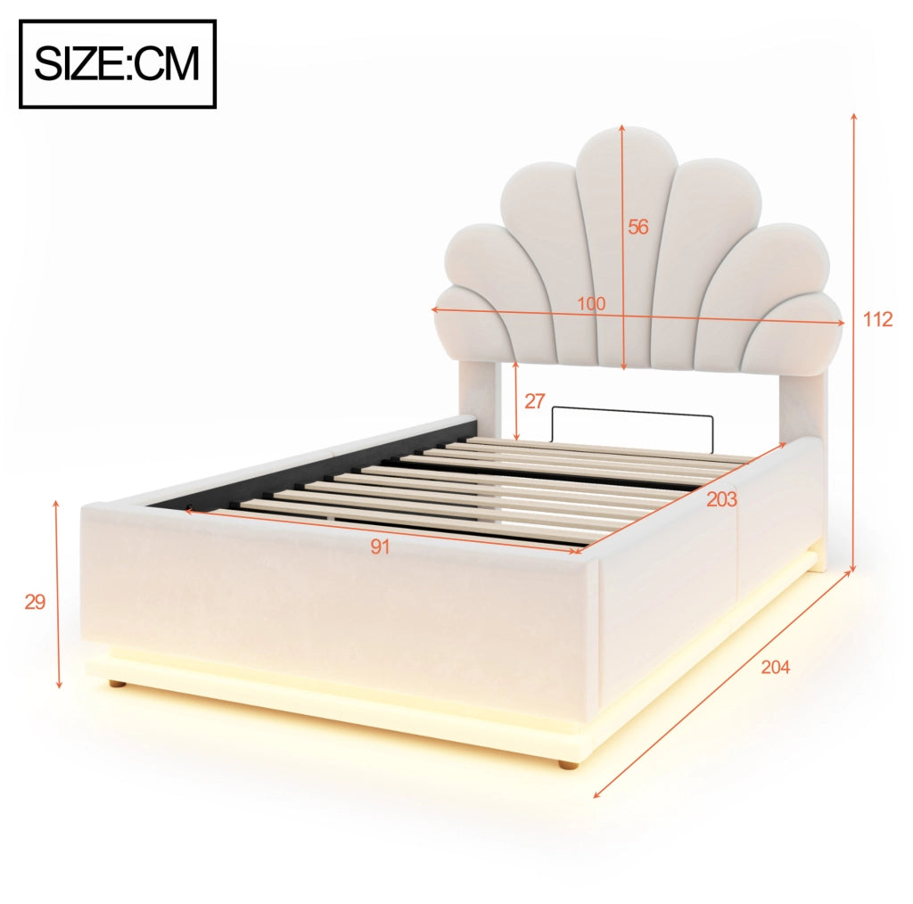 Letto singolo 90x200 cm beige con LED e contenitore