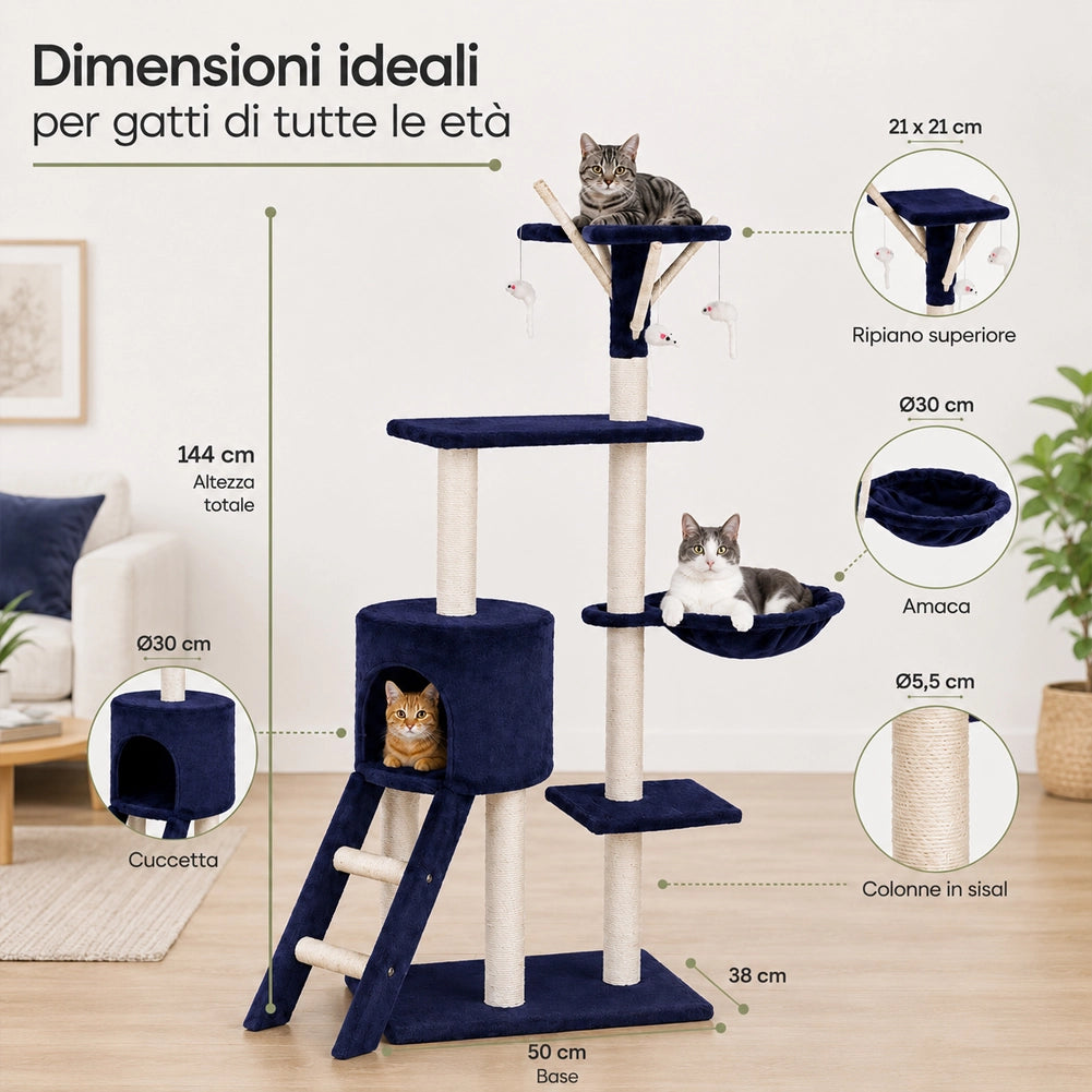 Tiragraffi per Gatti Albero Sisal Parco Giochi Gioco Gatto Tira Graffi Blu Scuro