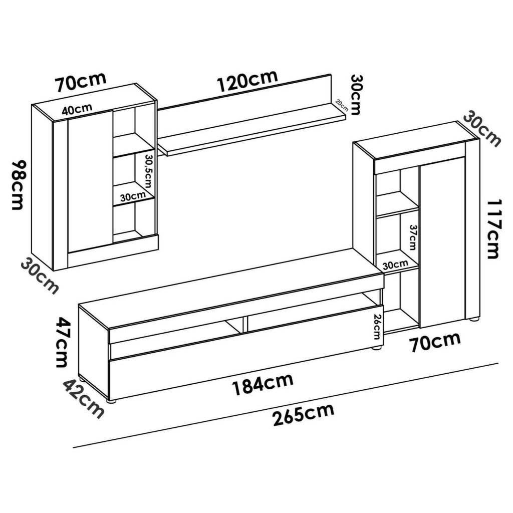 Parete attrezzata Aleu, Set da soggiorno componibile, Mobile salotto multiposizione, 265x42h180 cm, Bianco e Cemento