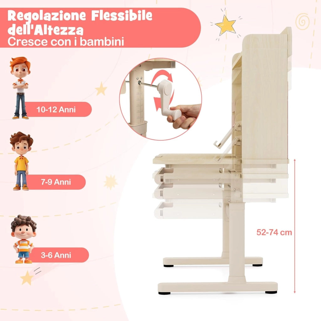 Scrivania per Bambini 3+ Anni, Tavolo da Studio Regolabile in Altezza con Libreria e Cassetto, Piano Inclinabile, Mensole, Leggio e Portapenne, Scrivania per Studiare (Giallo)