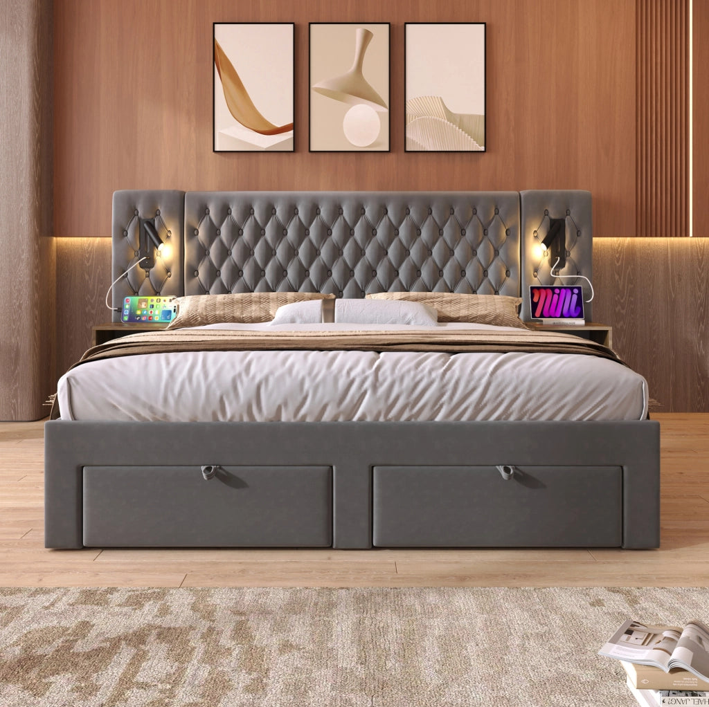 Letto matrimoniale 160 x 200 cm con comodini, cassetti e materasso