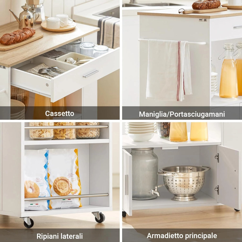 Mobile Cucina Salvaspazio Credenza Cucina Carrello Cucina con Ruote Mobiletto Cucina Dispensa Madia Cucina Mobile Cucina con Ripiani Bianco 82x46x88 cm FKW113‑WN