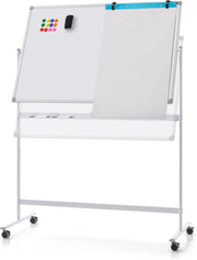 Lavagna bianca mobile, lavagna bifacciale 48 x 32 pollici con pennarelli neri, gomma, magneti, 4 rotelle bloccabili, lavagna bianca reversibile regolabile in altezza (Nero)