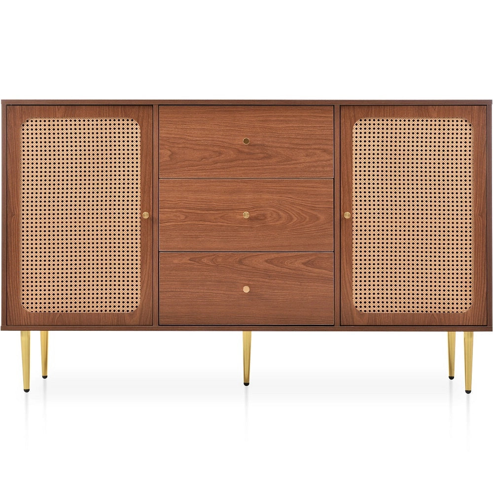 Buffet Commode con 2 porte e 3 cassetti - Xylo - Porte in rattan, ripiano regolabile, Marrone