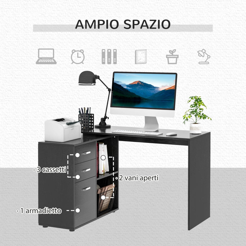 Scrivania Angolare per PC con 2 Cassetti e Ripiani Aperti ¨C Zephmum ¨C Legno e Metallo, Nero, 117x83.5x76 cm