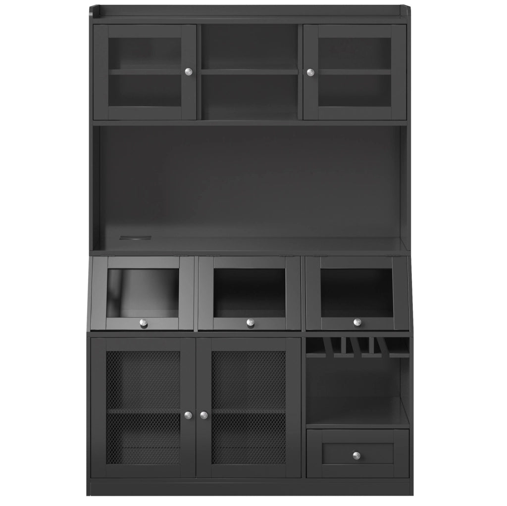 Credenza cucina 120x40x181.7 cm con luci LED multicolore; anta in vetro; MDF nero