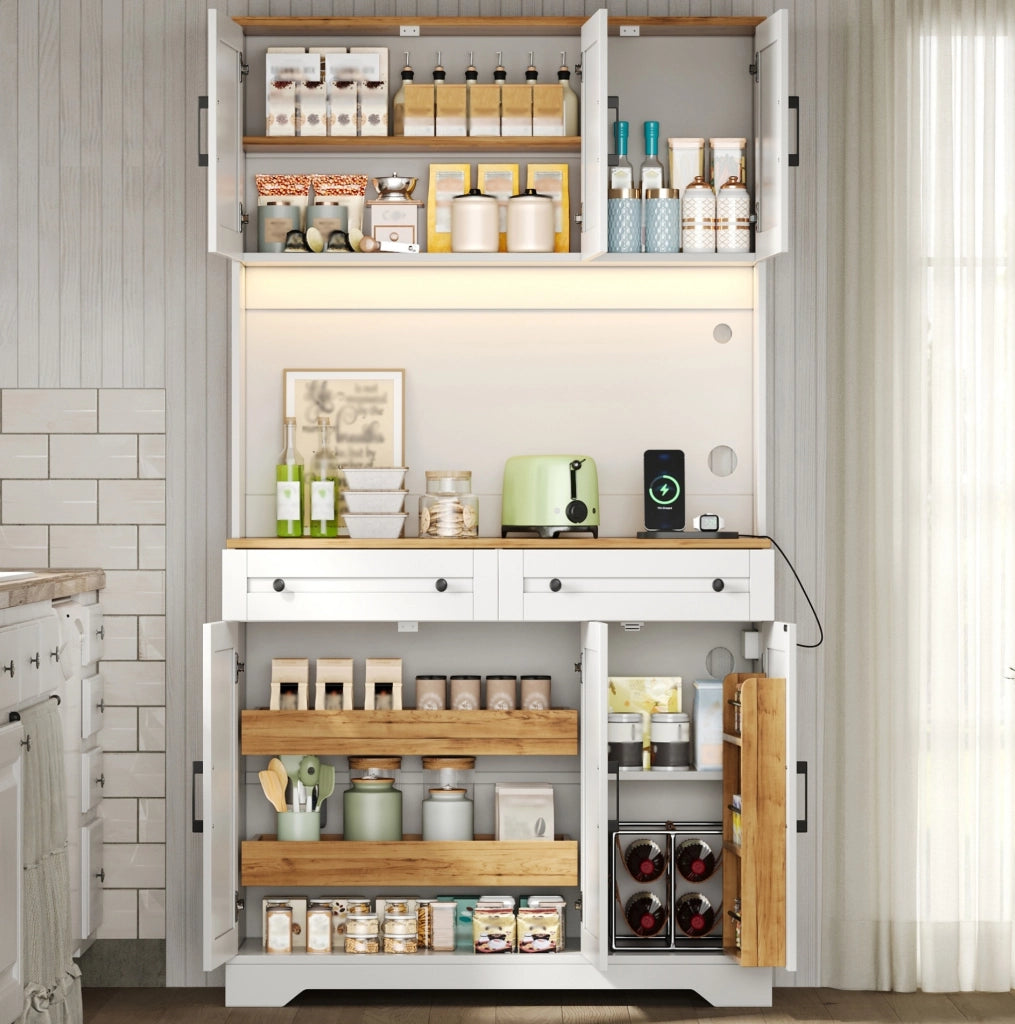 Credenza alta da cucina 100x40x180 cm in MDF naturale e bianco con LED e prese
