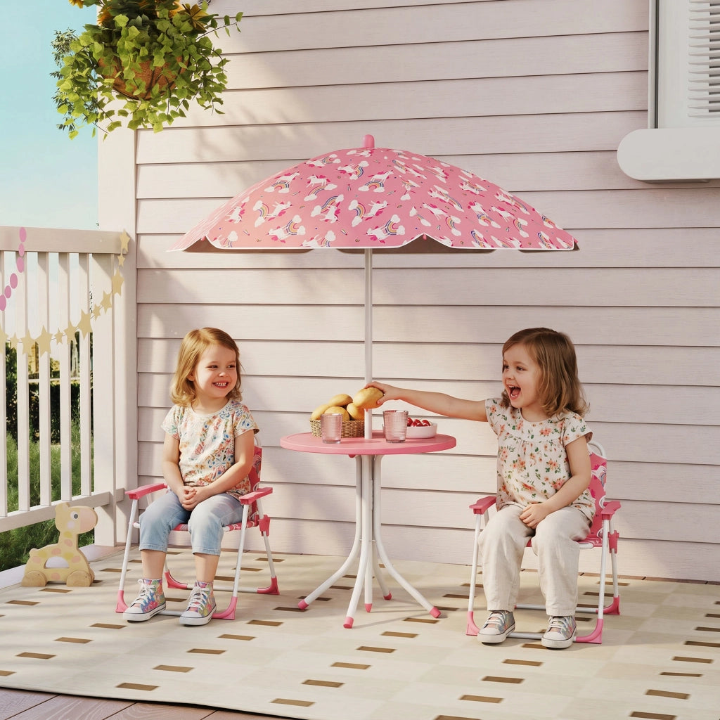 Set Tavolo da Picnic per Bambini con Sedie e Ombrellone Rosa Pratico e Resistente per Giardino