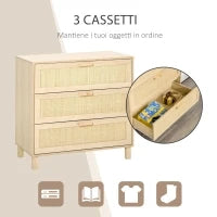 Cassettiera a 3 Cassetti in Legno e Rattan Stile Boho Chic, 80x40x80cm