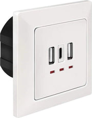 Scatola da installare con 2 x USB-A e 1 x USB-C - Caricamento simultaneo di 3 dispositivi - Bianco