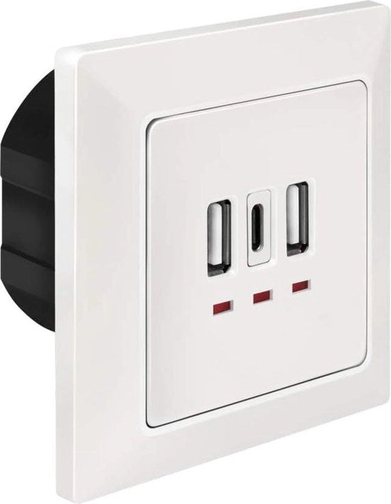 Scatola da installare con 2 x USB-A e 1 x USB-C - Caricamento simultaneo di 3 dispositivi - Bianco