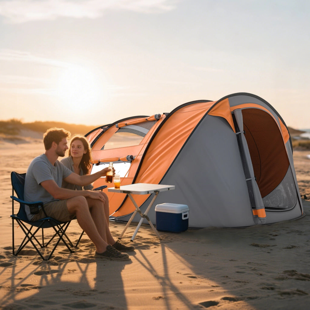 Tenda da Campeggio Pop Up 2 Posti 263,5x220x123 cm con 2 Porte 4 Finestre e Telo Impermeabile Arancione