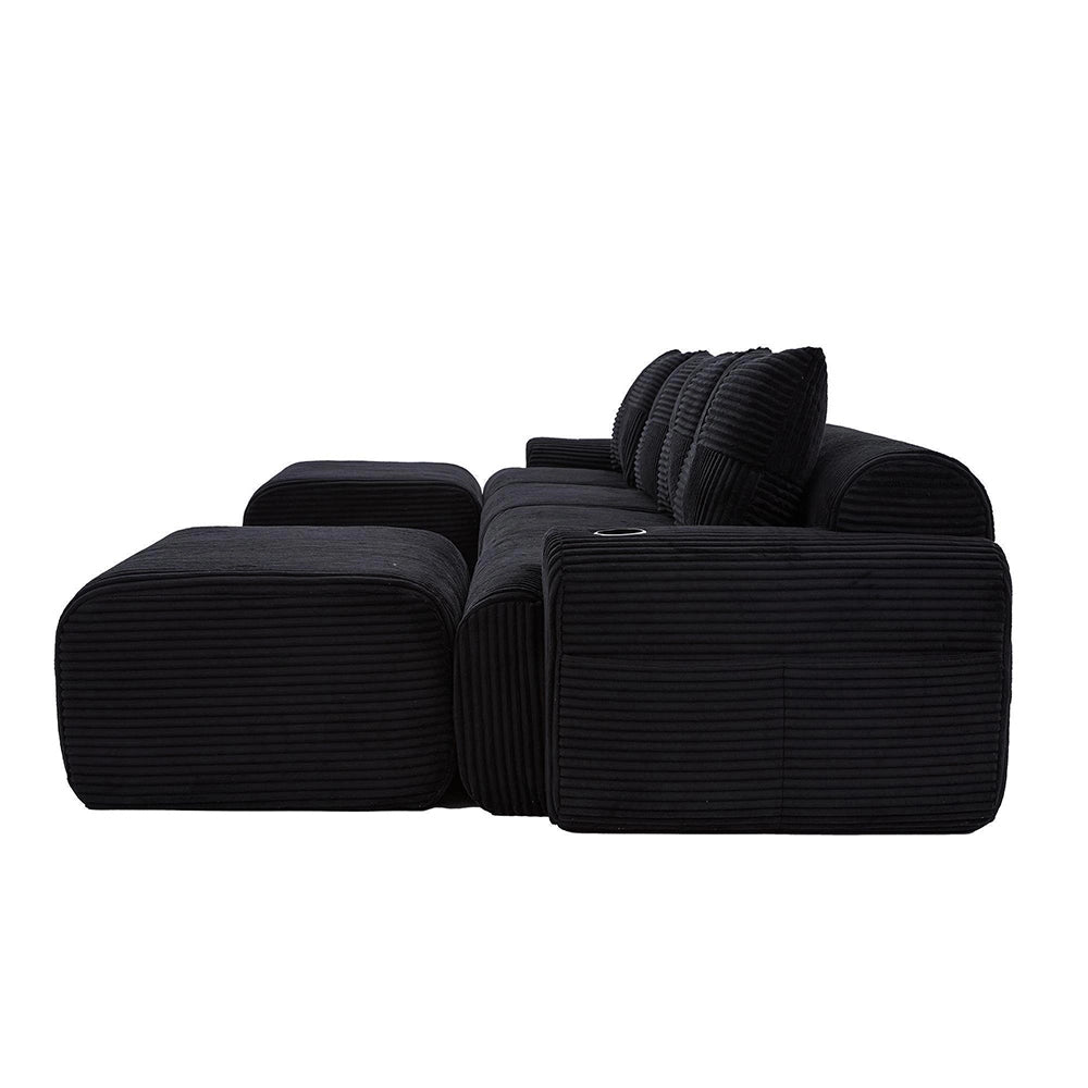 Canap¨¦ modulable 4 posti in velluto costato - Xylo - Con 2 sgabelli, porta-bibite e tasche laterali