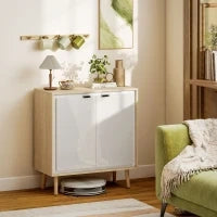 Credenza Moderna a 2 Ante con Ripiano Regolabile, 72x35x77 cm, Bianco Lucido e Rovere