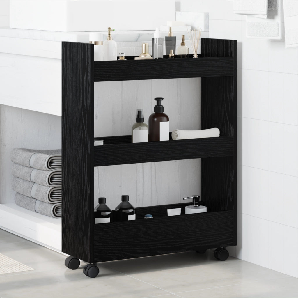 Carrello di Stoccaggio Stretto a 3 Ripiani in Rovere Nero Legno Ingegnerizzato