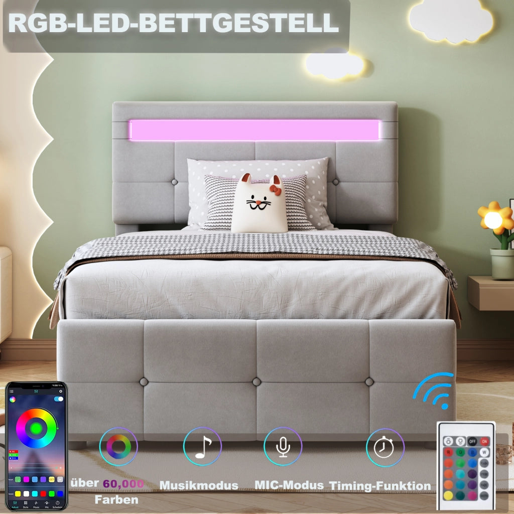 OKWISH Letto contenitore per bambini 90×200 cm, Letto Singolo con LED, Contenitore idraulico e Testiera Regolabile, senza Materasso, Grigio