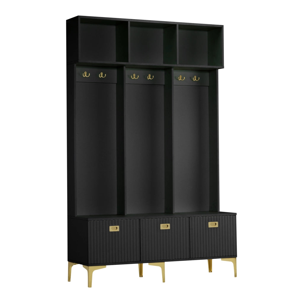 Guardaroba da ingresso multifunzionale con panca, scarpiera e ganci, colore nero, 120 x 23,5 x 191,5 cm