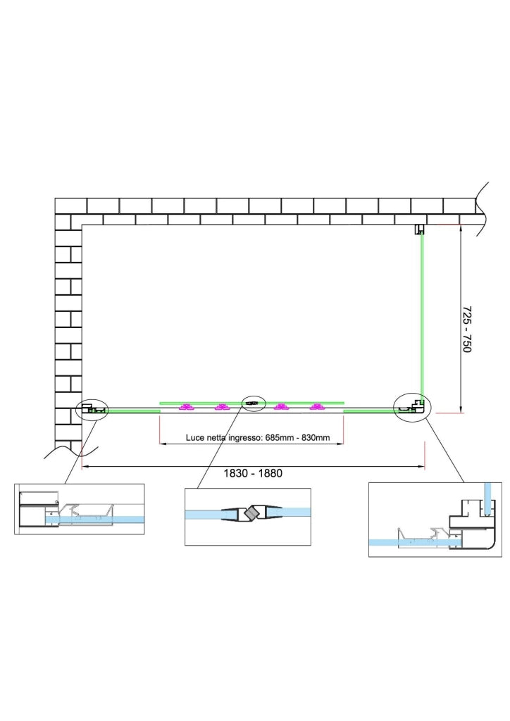 Box doccia 6 mm H 190 parete fissa e porta a 4 ante con apertura centrale MISURA 72,5-75 ANTA FISSA + PORTA 183-188