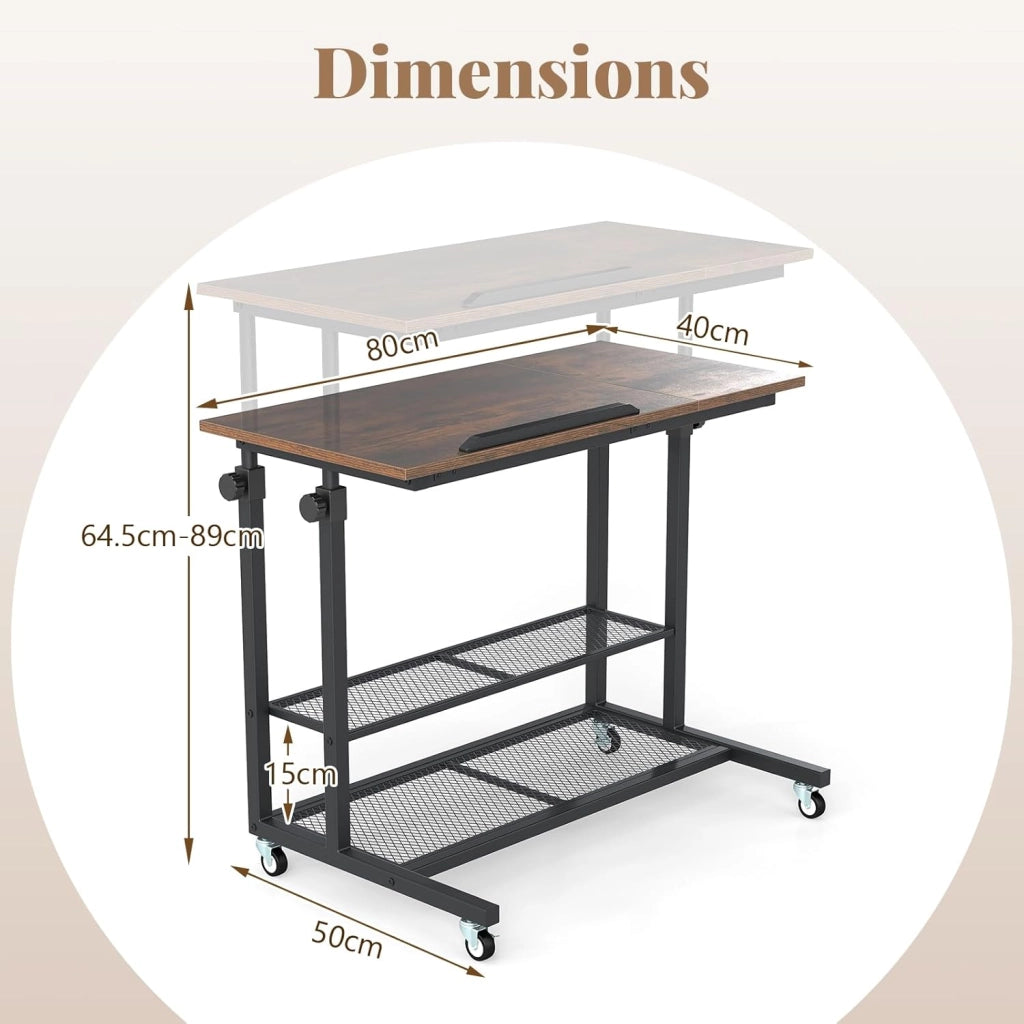 Scrivania per computer 80 x 40 cm con 4 ruote, tavolino ausiliario con piano inclinabile, altezza regolabile 64,5-89 cm, 2 ripiani a griglia, tavolo mobile per soggiorno, camera da letto