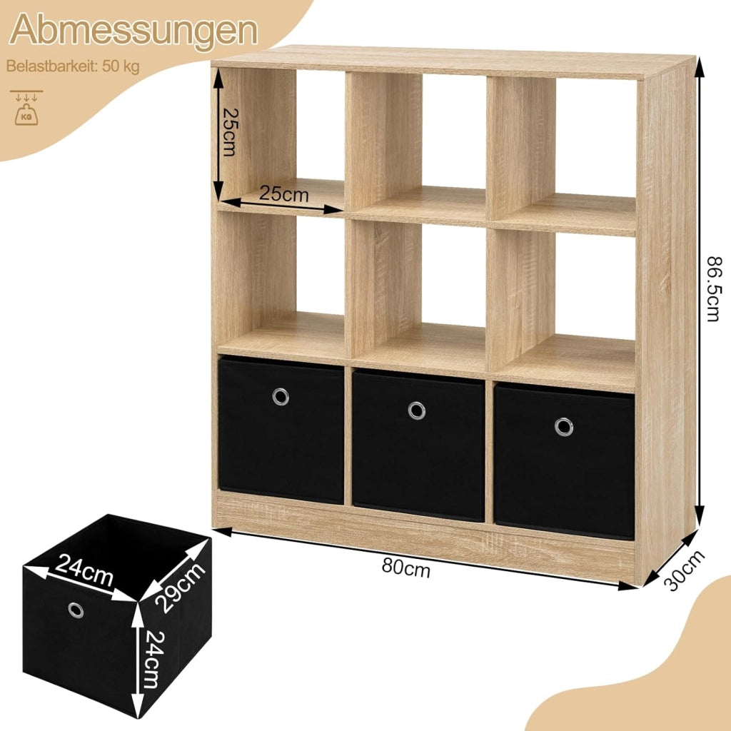 Libreria Scaffale, Libreria a 9 Cubi Portaoggetti, Scaffale in Legno con 3 Cassetti in Tessuto Non Tessuto, per Soggiorno, Camera da Letto, Ufficio, Rovere Chiaro, 80x30x86,5 cm, SK041hei