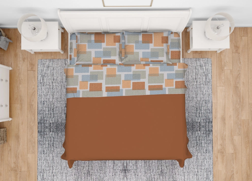 Completo Lenzuola Letto In 100% Cotone Made Italy Disegno Square GI - Matrimoniale - Arancio