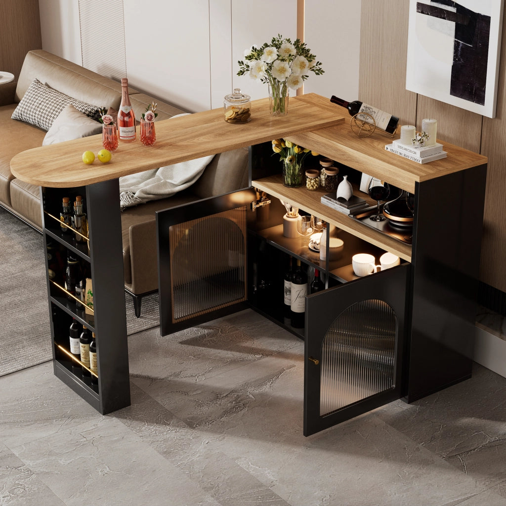 OKWISH Tavolo Bar Estensibile con Ripiani a 3 Livelli, Rotazione 360 e LED, per Sala da Pranzo, MDF, Nero, 138-193 × 39 × 105 cm