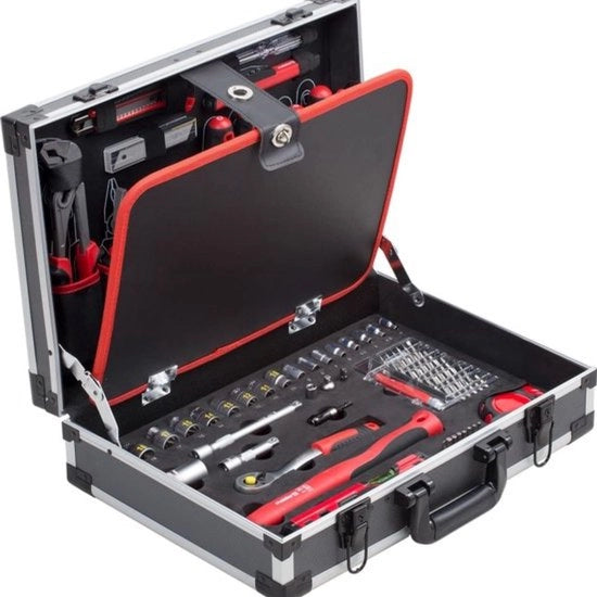 Set di attrezzi, 121 pezzi, scatola di metallo leggera, set di attrezzi, per uso domestico, garage e officina, completo e professionale.