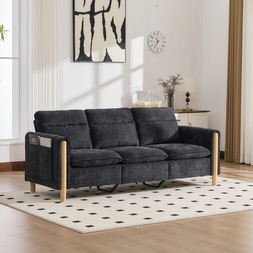 Divano angolare modulare a tre posti con pouf contenitore e tasche laterali in ciniglia nero 201 × 77 × 86 cm