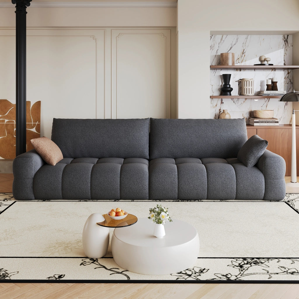 Divano modulare senza montaggio con chaise lounge e seduta profonda in tessuto grigio scuro per soggiorno
