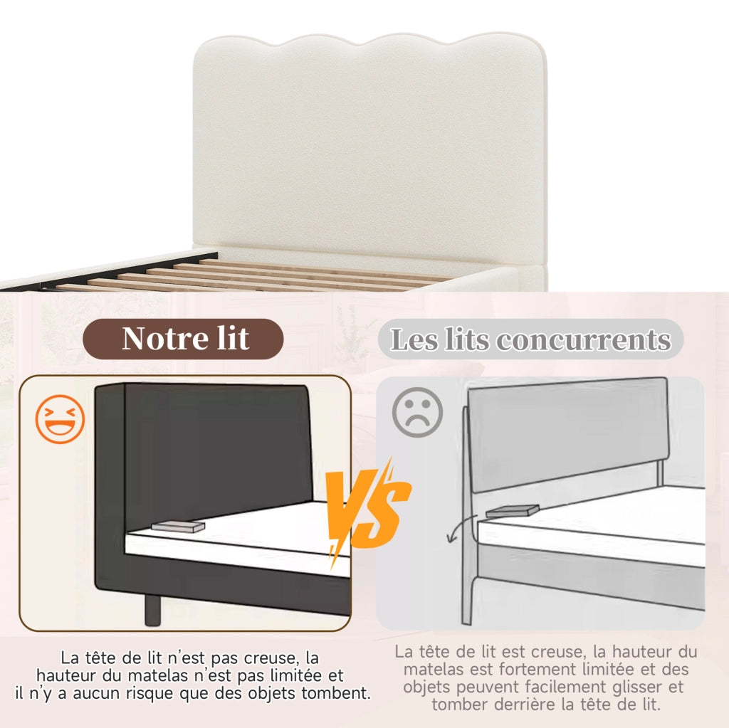Letto singolo imbottito 90x200 cm con rete a doghe e testiera; bouclé bianco