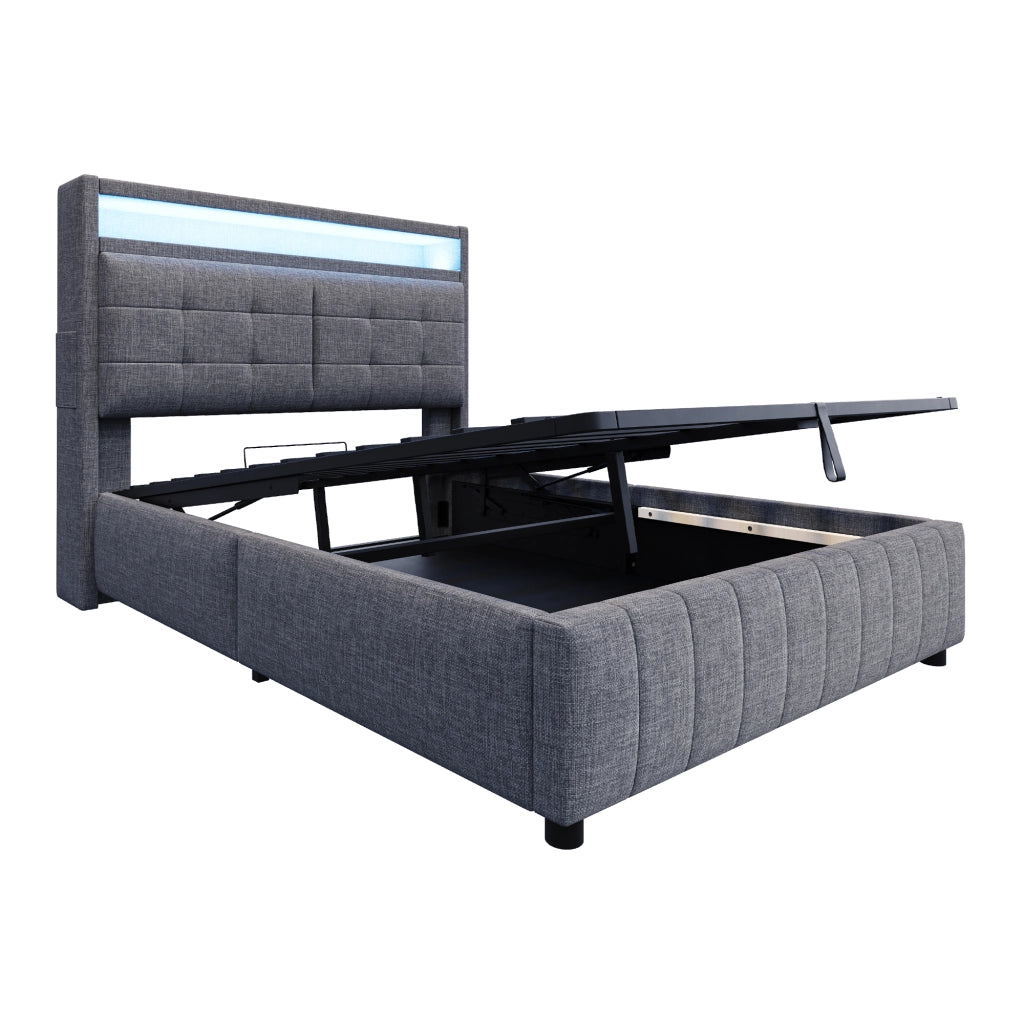 Letto matrimoniale con contenitore 140 × 200 cm imbottito con LED e USB testiera con ripiani lino grigio