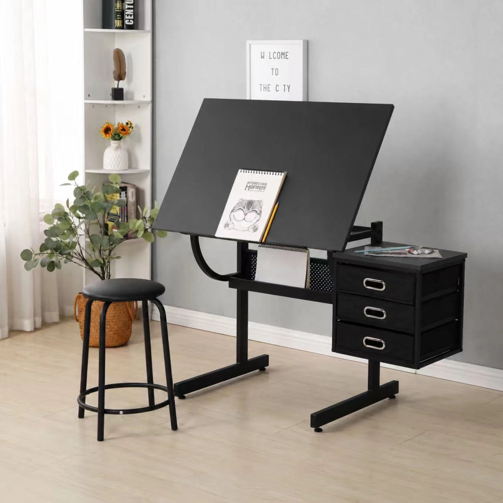 Tavolo da disegno nero con sgabello e 3 cassetti; MDF e metallo; piano inclinabile 0-75°