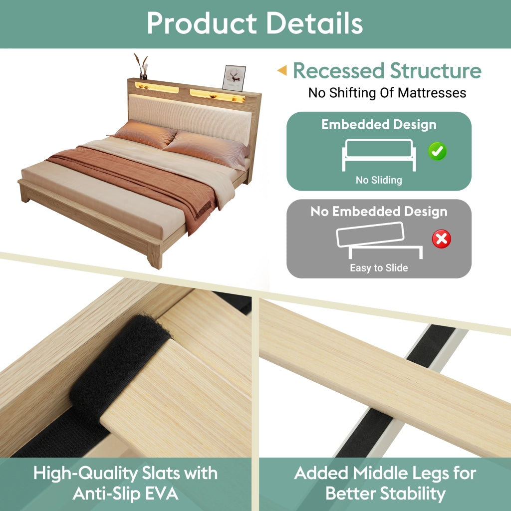 OKWISH Letto Contenitore 140×200 cm, Letto Matrimoniale con Contenitore in Testiera, LED Regolabile e Mensole, senza Materasso, Beige