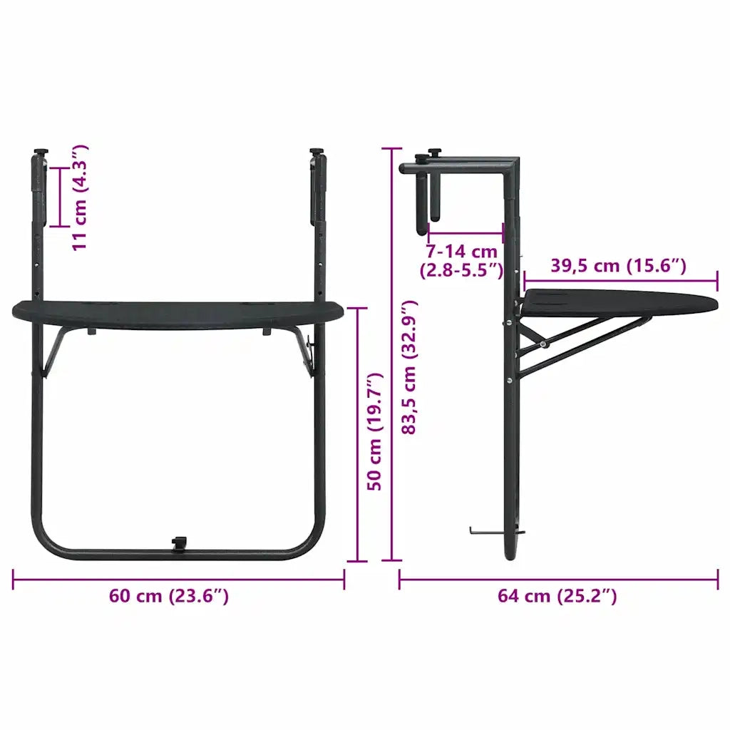 Tavolo da Balcone Pensile Nero 60x64x83,5cm Plastica Rattan 47894