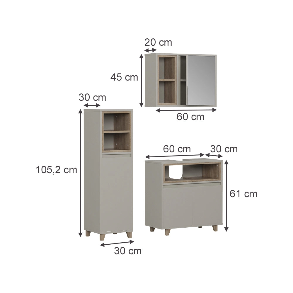 Vicco Set di mobili da bagno Greige/Rovere 3 parti con cabinet midi