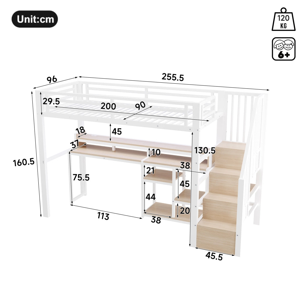 Letto a soppalco in metallo 90x200 cm, letto alto per bambini e ragazzi con scala contenitore, prese USB/Type-C, ripiano e illuminazione LED, bianco