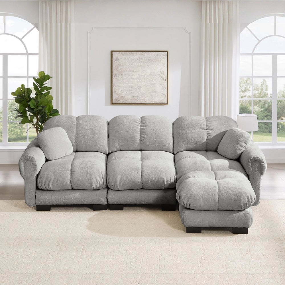 Divano angolare 3 posti ¨C Minimal ¨C grigio chiaro, velluto trapuntato, con poggiapiedi e cuscini