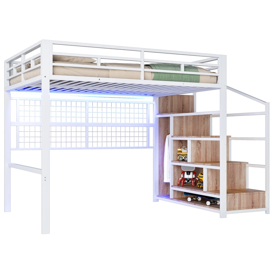 Letto a soppalco 140x200 cm con scala armadio e griglia; metallo; bianco; (Senza materasso)