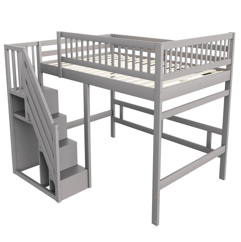 Letto a soppalco 140x200 cm con scala contenitore in legno grigio