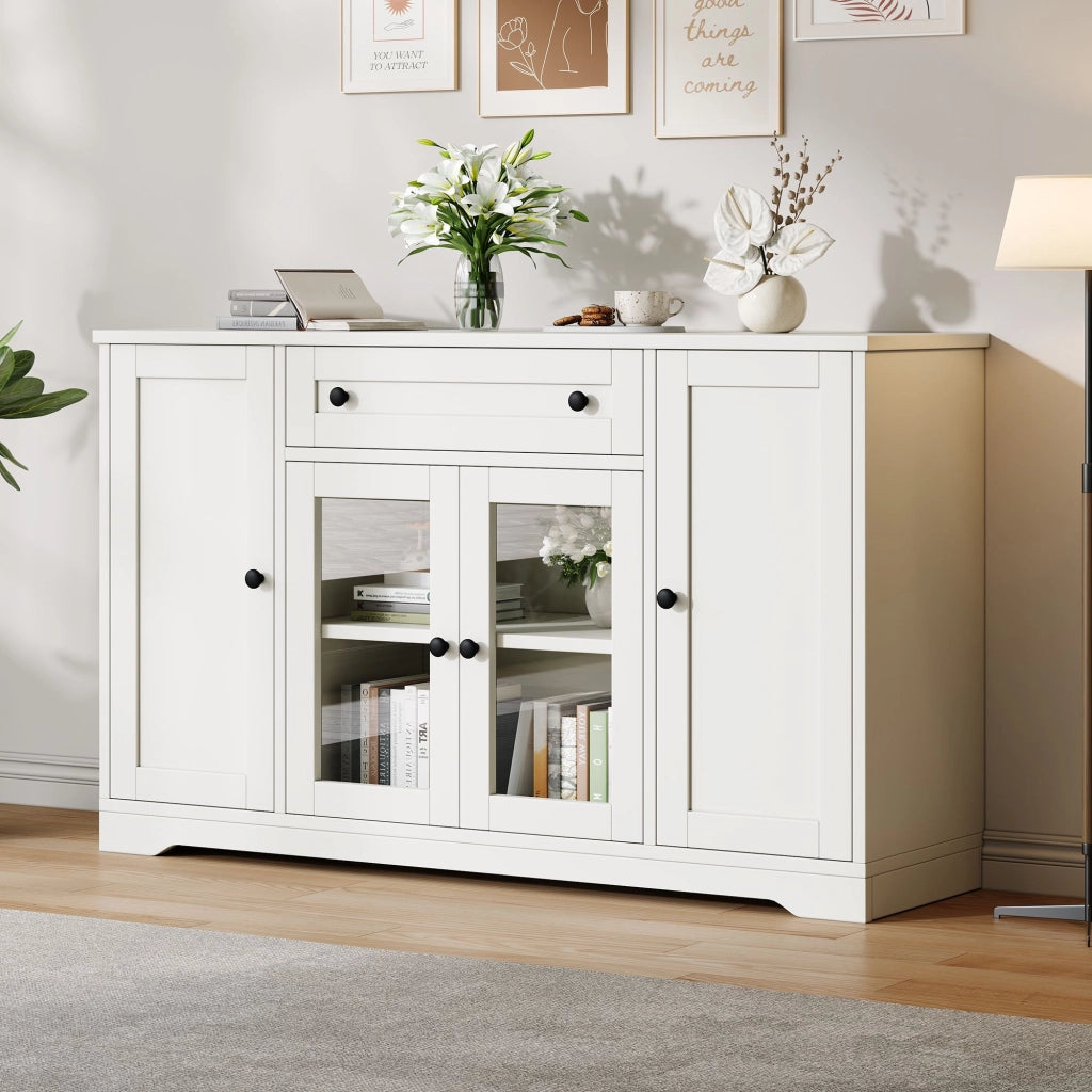 Credenza a quattro ante, mobile da ingresso, 2 ante in vetro, con cassetti, 138 x 40 x 83 cm, bianca