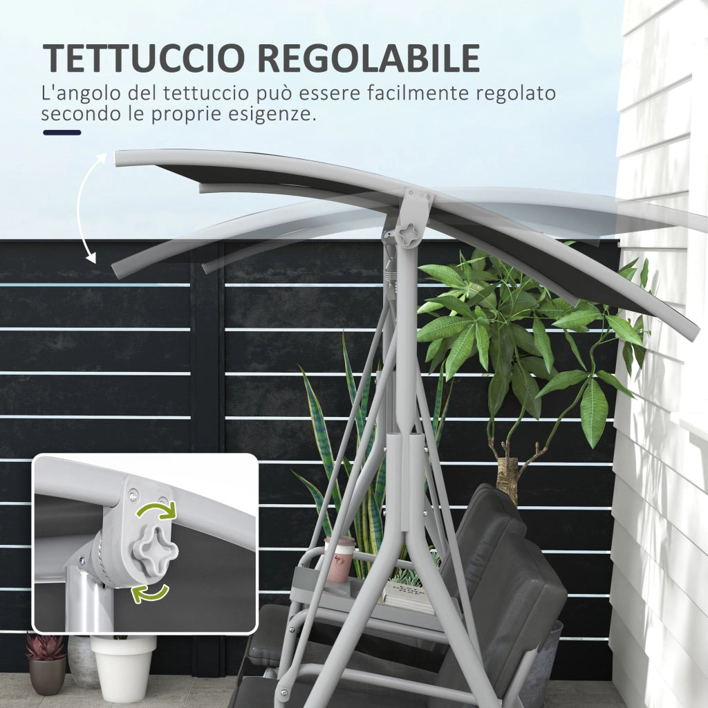 Dondolo 2 Posti con Tavolino ¨C Zephmum ¨C Grigio, Metallo e Poliestere, 175x110x165 cm
