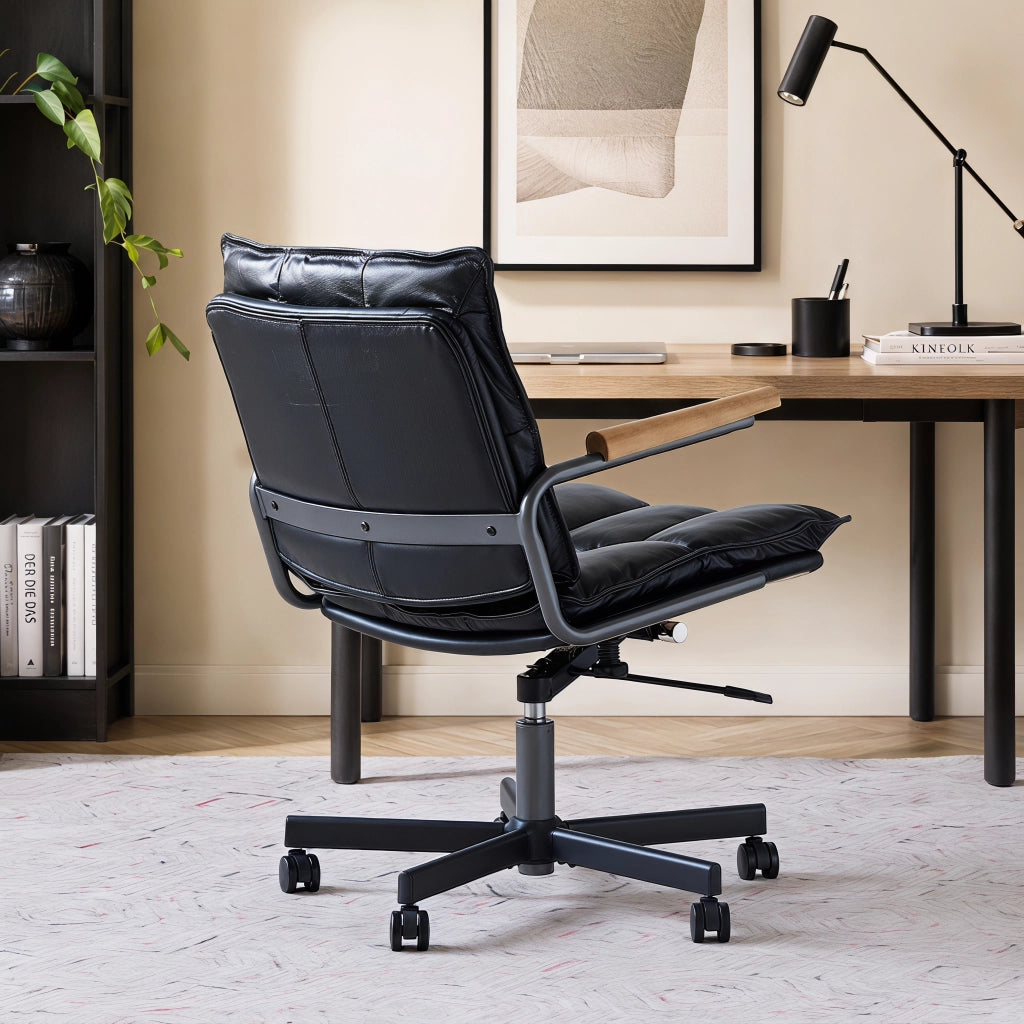 SEDIA UFFICIO Girevole 360° Nero in Pelle e Metallo con Braccioli in Legno