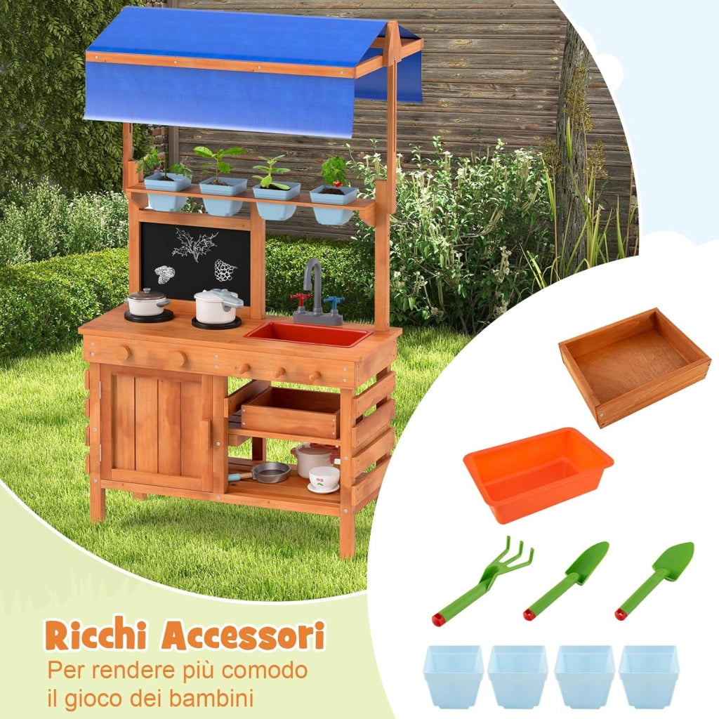 Cucina Giocattolo per Giardino con Attrezzi da Giardinaggio 2 in 1, Cucina per Bambini in Legno di Pino con Tettoia Regolabile, 4 Vasi e Lavagna, Set Cucina con 9 Accessori, 77 x 52 x 135 cm