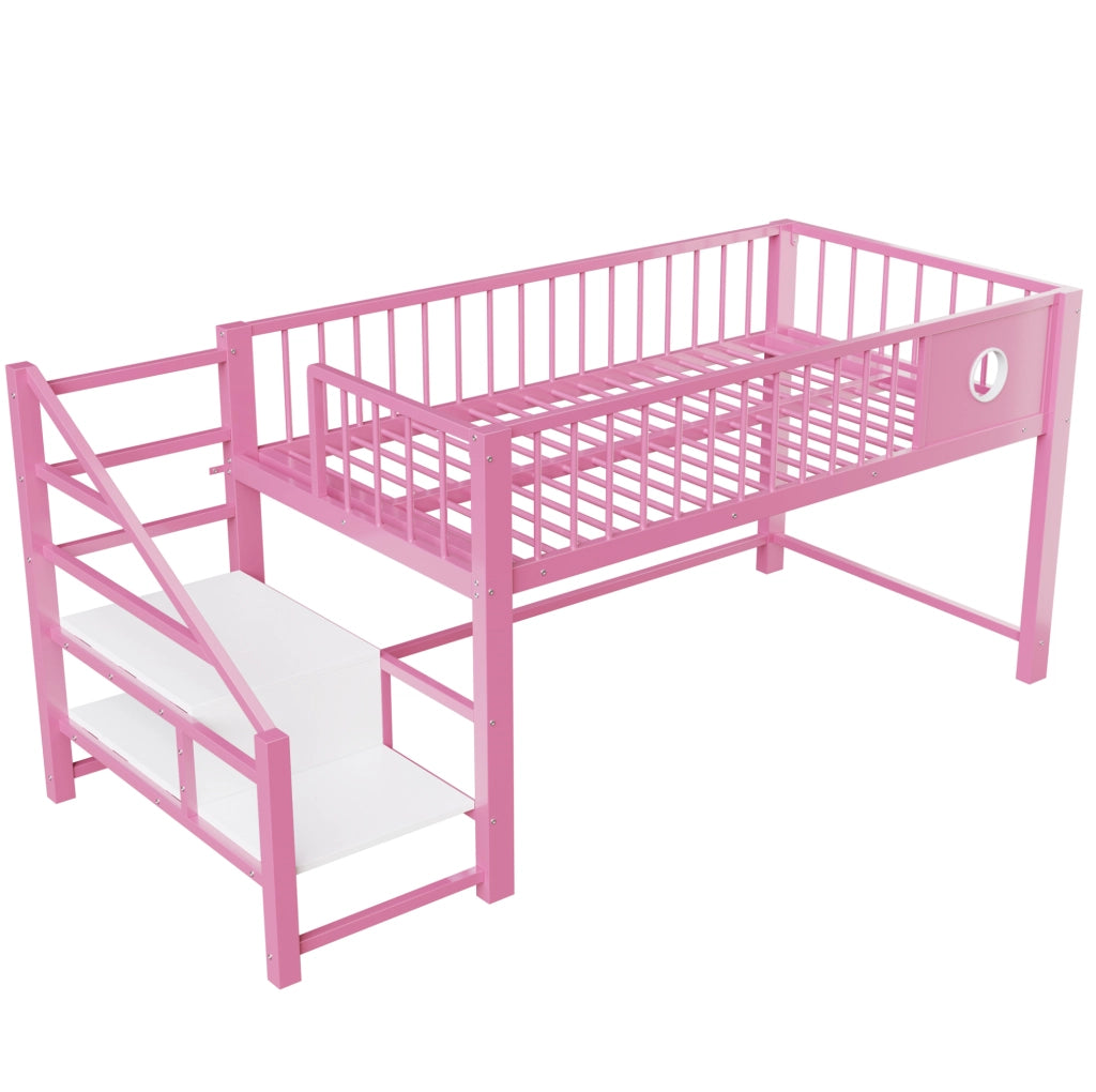 Letto rialzato basso rosa 90 x 200 cm con scala contenitore