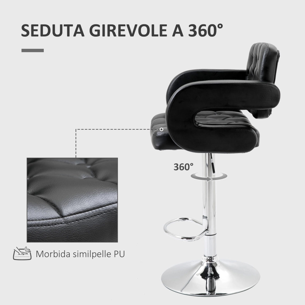 Sgabello da Bar Schiena Alto e Braccioli Rivestimento PU a Bottoni Nero
