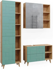 Set di mobili da bagno Rudi, Verde menta, 90 cm, composto da mobile sottolavabo, specchiera e colonna alta