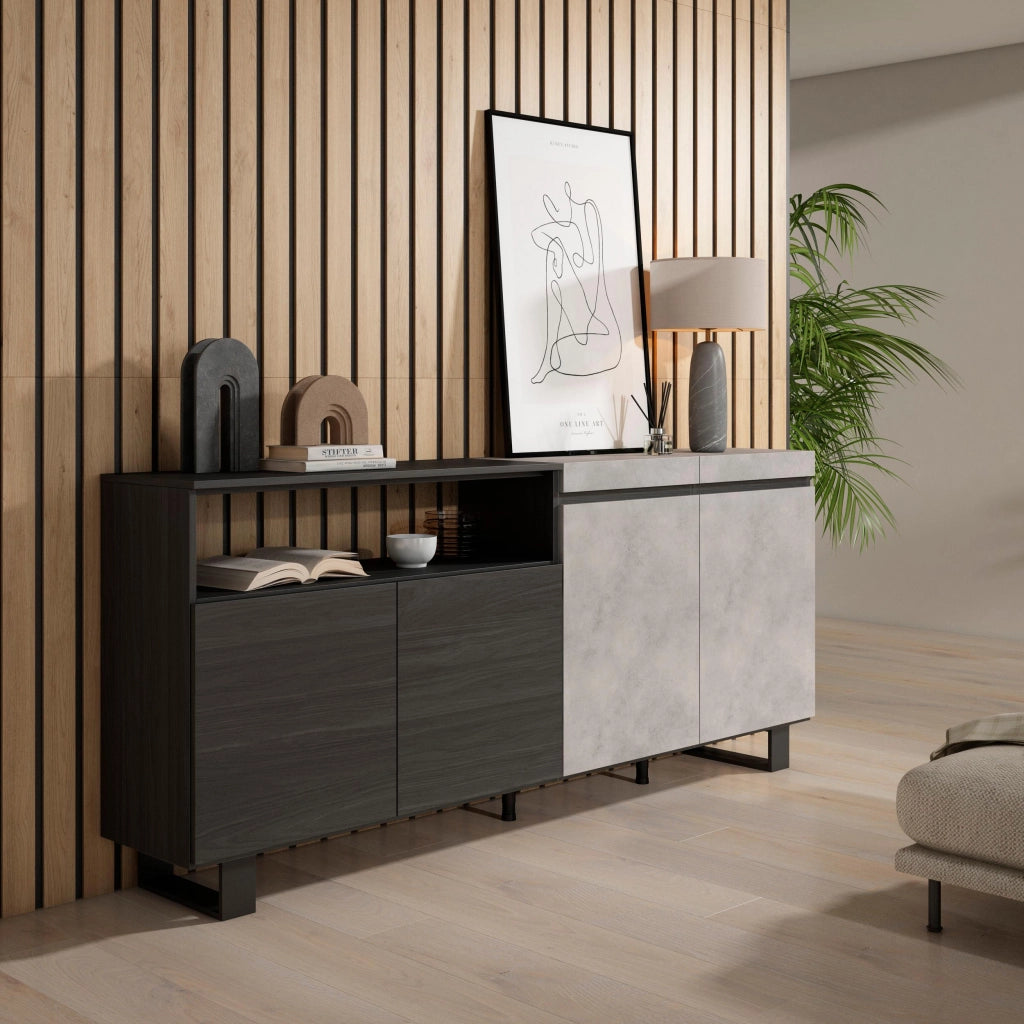 Credenza, Mobile, 200x35x87cm, 4 Porte, Design industriale, grigio cemento RF2408