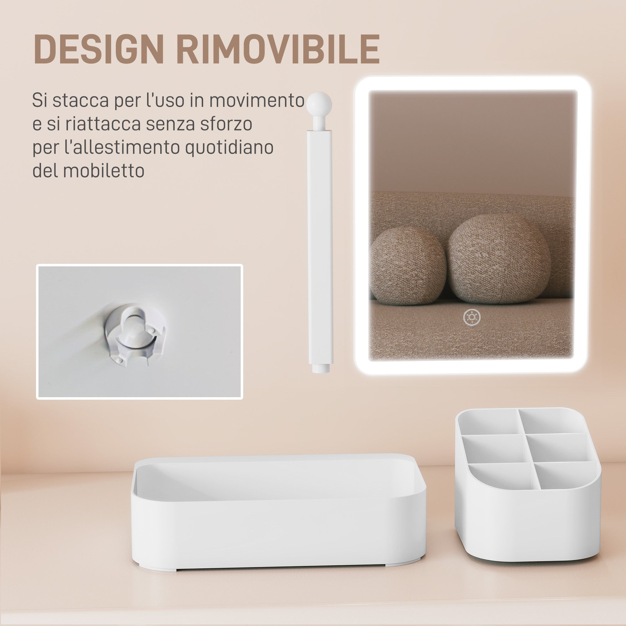 Specchio da Trucco con Luce Regolabile su 2 Livelli Rotazione 180° e Organizer per Trucchi Bianco