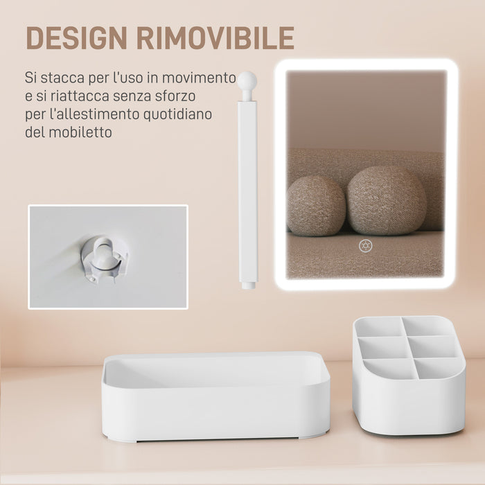 Specchio da Trucco con Luce Regolabile su 2 Livelli Rotazione 180° e Organizer per Trucchi Bianco
